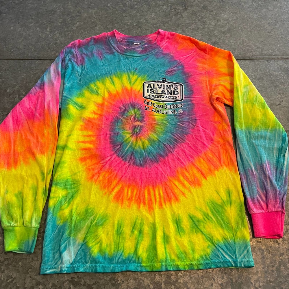 Alvin’s Island Surf Company Neon Tie Dye Long Sleeve Tee Shirt Mens Small Medium - Picture 1 of 10